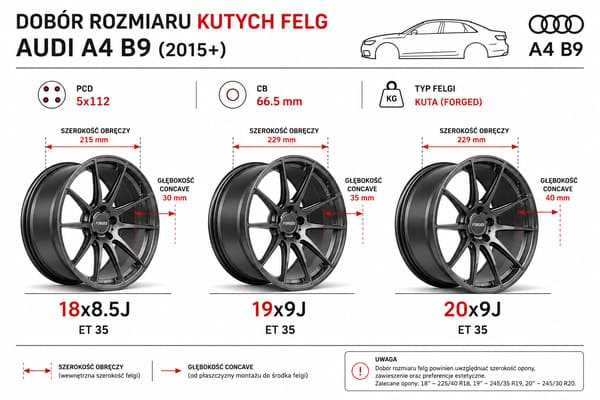Dobór rozmiaru kutych felg do Audi A4 B9 — PCD 5x112 CB 66.5