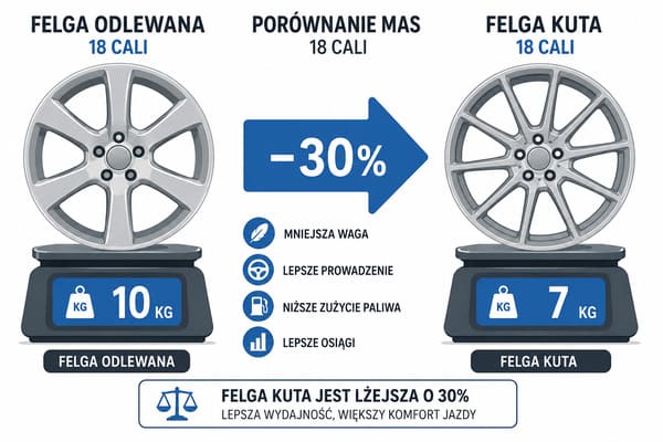Kuta felga vs odlewana – różnica masy Porównanie wagi felgi kutej i odlewanej 18 cali