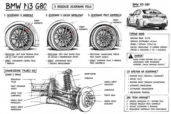 Czynniki ocierania felg ET20 BMW M3 G80 zawieszenie camber
