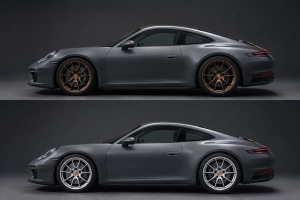 Brązowe vs srebrne felgi Porsche 911 992 Brązowe i srebrne felgi na szarym Porsche 911 992