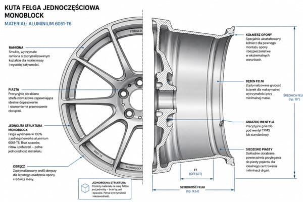 Kuta felga jednoczęściowa monoblock z aluminium 6061-T6 widok z przodu i z boku
