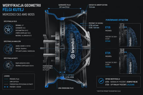 Pasowanie felg do Mercedes C63 AMG W205 offset PCD\ Weryfikacja geometrii felgi do Mercedes W205 C63 AMG zaciski Brembo