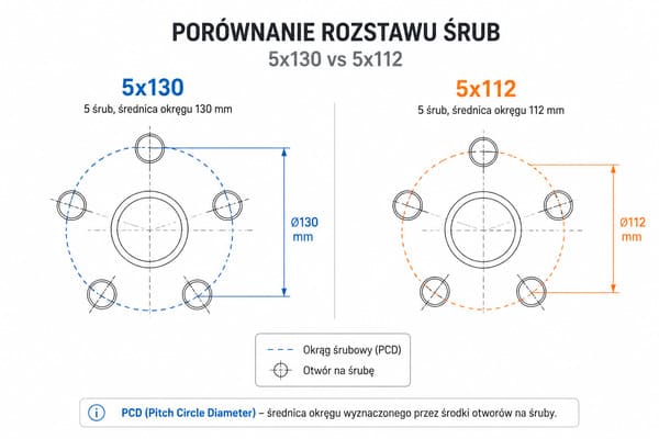 Różnica między rozstawem 5x130 a 5x112 w kutych felgach Porsche Porównanie rozstawu śrub 5x130 i 5x112 – schemat techniczny