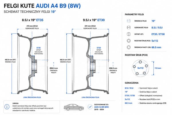 Rozmiary kutych felg do Audi A4 B9 – offset, PCD, średnica piasty