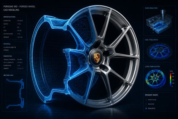 Projekt kutych felg 20x9 i 21x12 dla Porsche 911 992 GTS z PCCB Kute felgi na zamówienie do Porsche 992 – modelowanie 3D przed produkcją