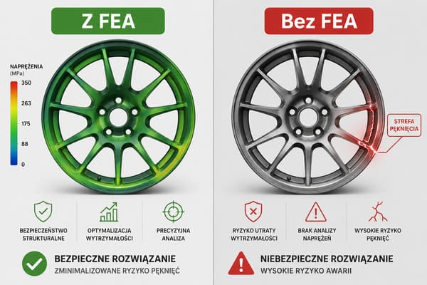 Porównanie felgi z analizą FEA i bez — różnice w bezpieczeństwie strukturalnym