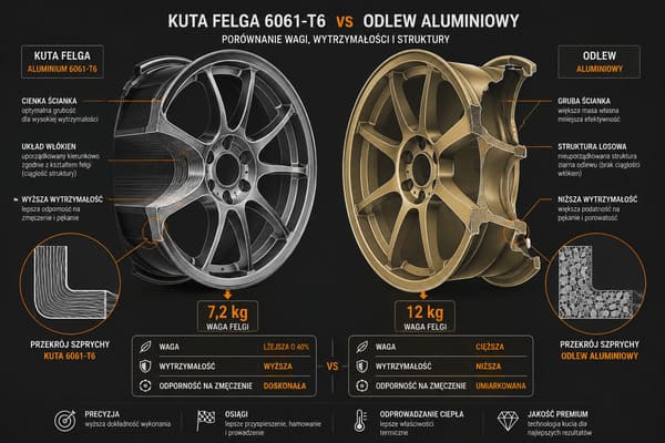 Kuta felga aluminium 6061-T6 vs odlew porównanie waga wytrzymałość