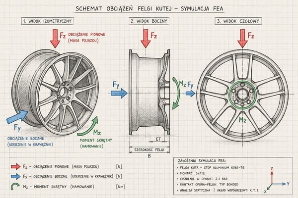 Schemat obciążeń felgi kutej w symulacji FEA — uderzenie boczne, pionowe, skrętne
