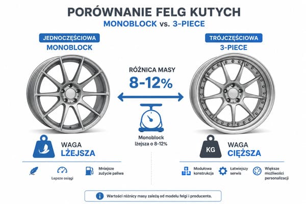 Porównanie wagi felgi jednoczęściowej i trójczęściowej kutej z aluminium 6061-T6 wykres