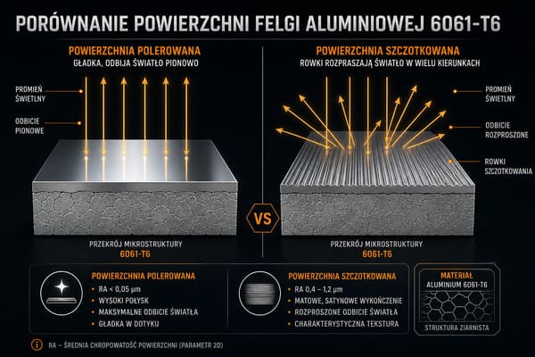 Porównanie polerowanej i szczotkowanej felgi kutej z aluminium 6061-T6