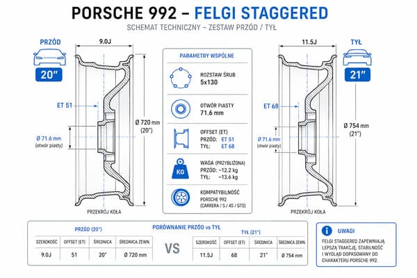 Rozmiary felg kutych 992 – staggered 20 21 cali – KuteKola Rozmiary kutych felg do Porsche 911 Carrera 992 – układ staggered