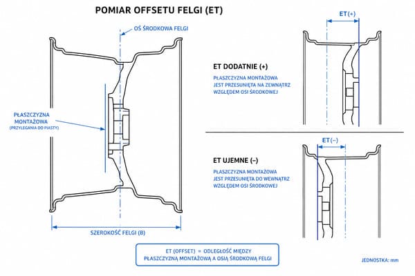 Schemat pomiaru ET felgi – offset dodatni i ujemny
