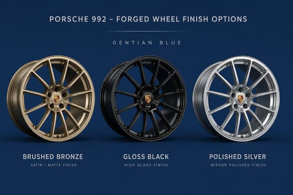 Kolory felg kutych do Gentian Blue Porsche 911 – KuteKola Kolory kutych felg do granatowego Porsche 992 – Brushed Bronze, Black, Silver