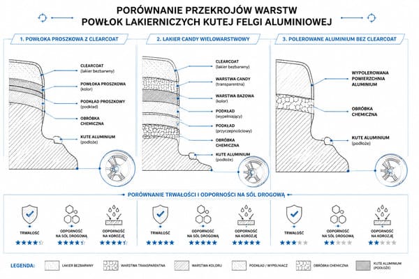 Trwałość lakieru kutych felg – porównanie technologii Trwałość kolorów kutych felg – technologie wykończenia