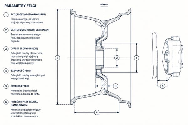 Parametry felgi decydujące o zgodności montażowej Parametry techniczne felgi kutej zgodność montażowa