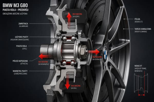 Bezpieczeństwo niskiego ET w BMW M3 G80 Łożysko piasty BMW M3 G80 — wpływ niskiego ET na obciążenie