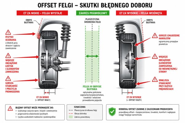 Efekty złego ET felgi – kolizja z błotnikiem i zaburzona geometria zawieszenia